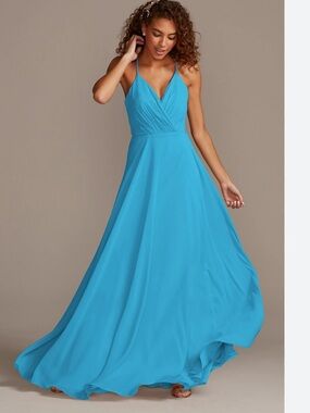 David's Bridal Bright Turquoise/Malibu Spaghetti Strap chiffon long Maxi Gown